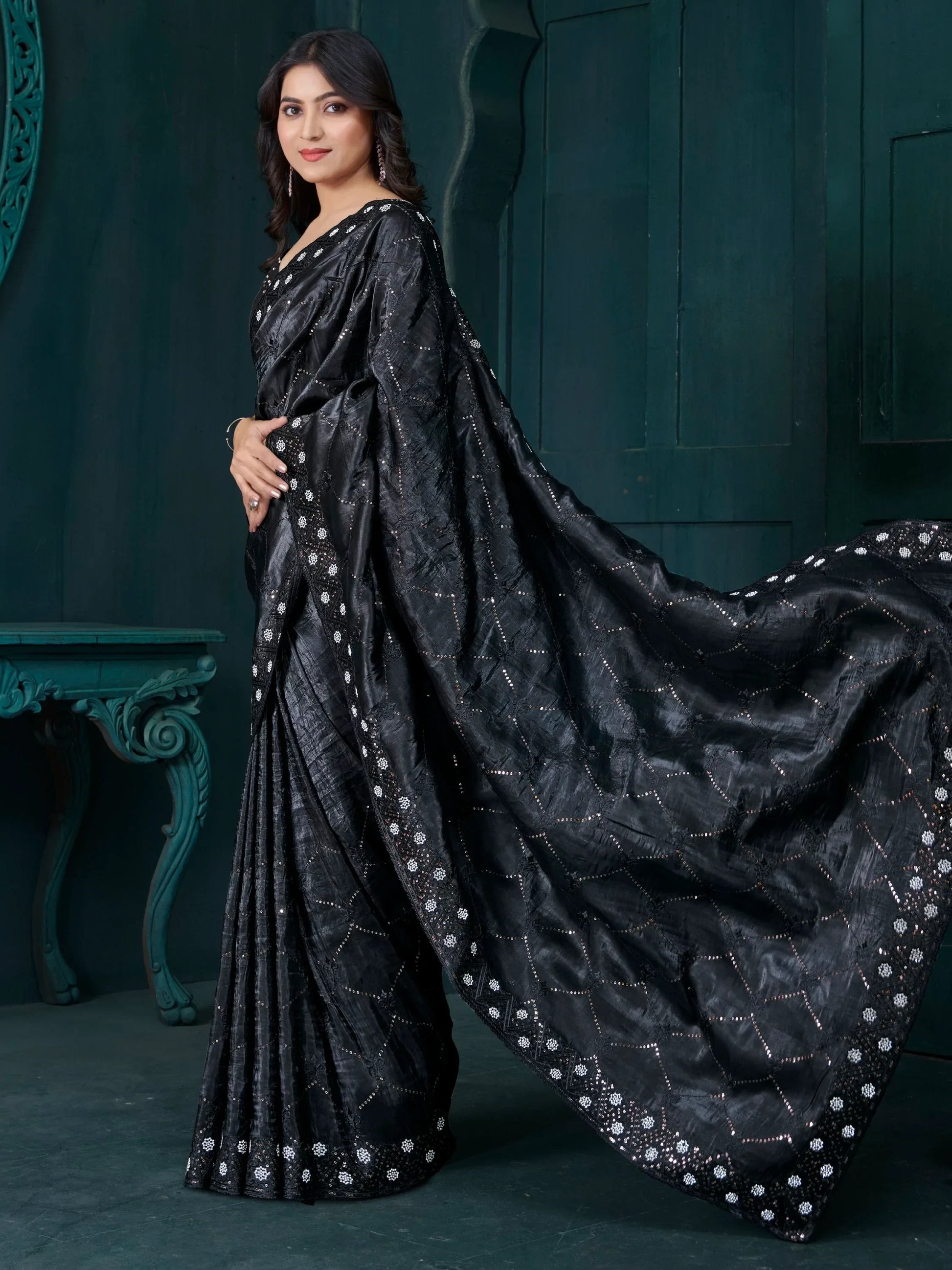 Awesome Black Thread Embroidered Silk Saree With Blouse - Zeel Clothing