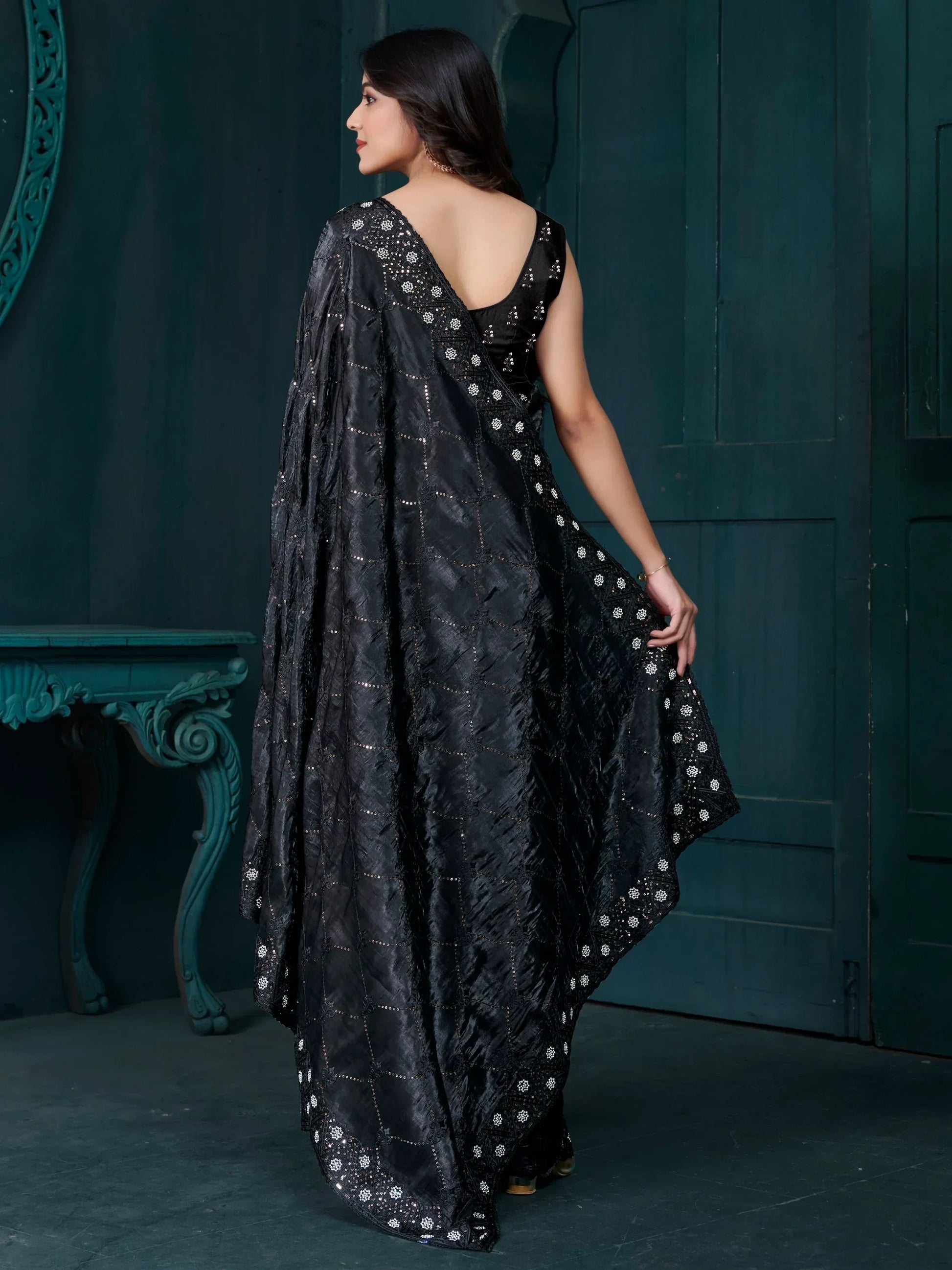 Awesome Black Thread Embroidered Silk Saree With Blouse - Zeel Clothing