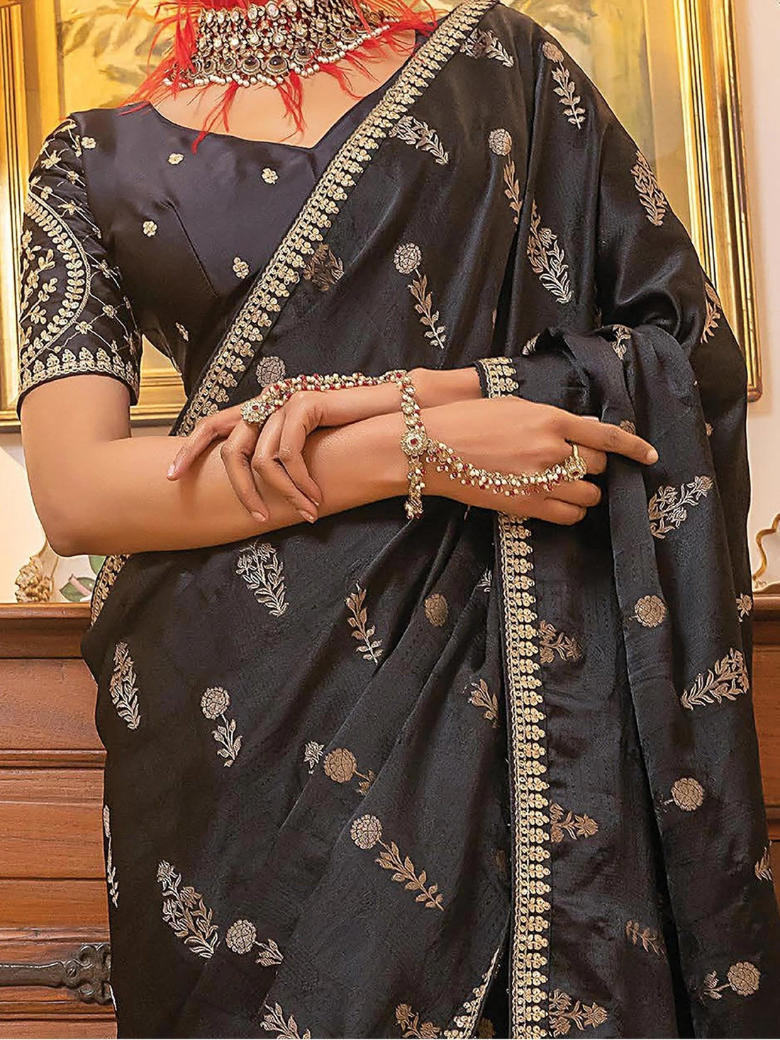 Awesome Black Zari Weaving Satin Party Wear Saree With Blouse