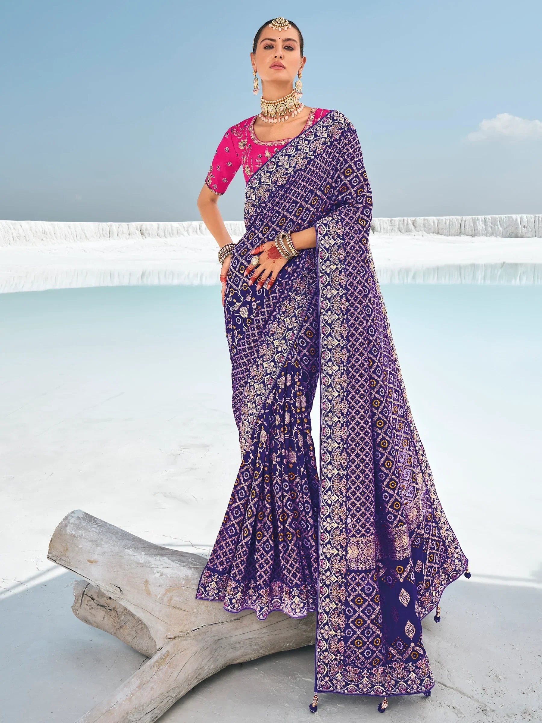 Awesome Blue Bandhani Printed Georgette Festival Wear Saree - Zeel Clothing