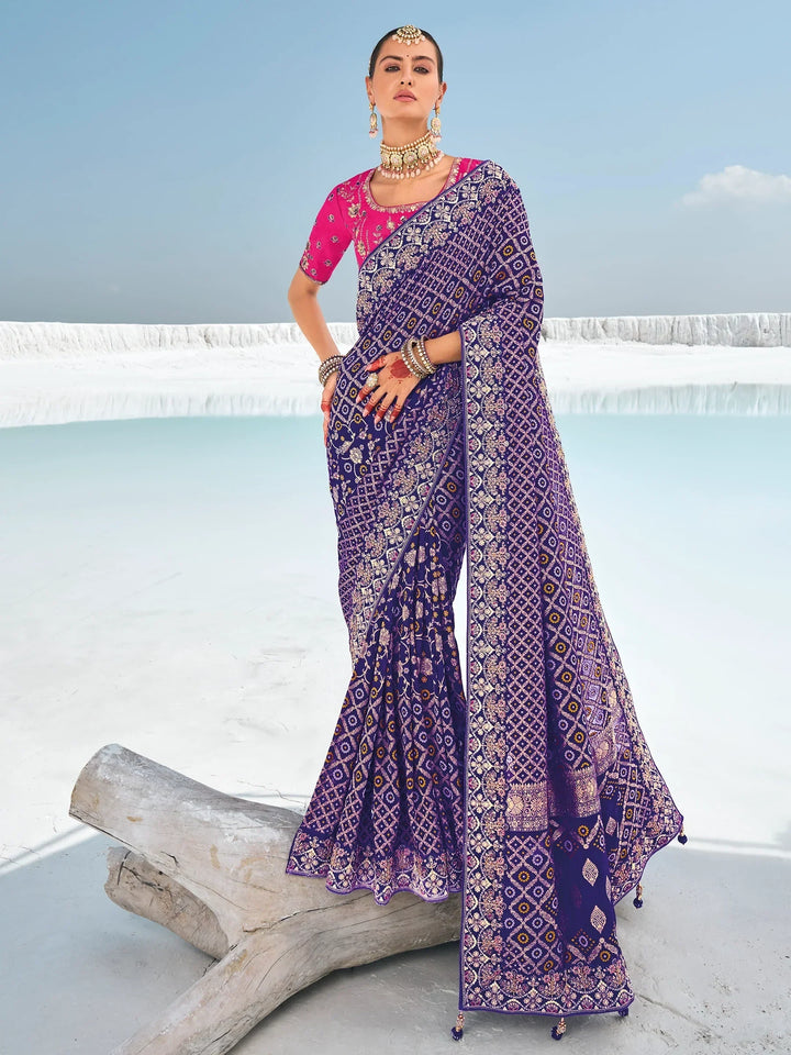 Awesome Blue Bandhani Printed Georgette Festival Wear Saree - Zeel Clothing