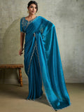 Awesome Blue Chiffon Party Wear Saree With Jarkan Work Blouse