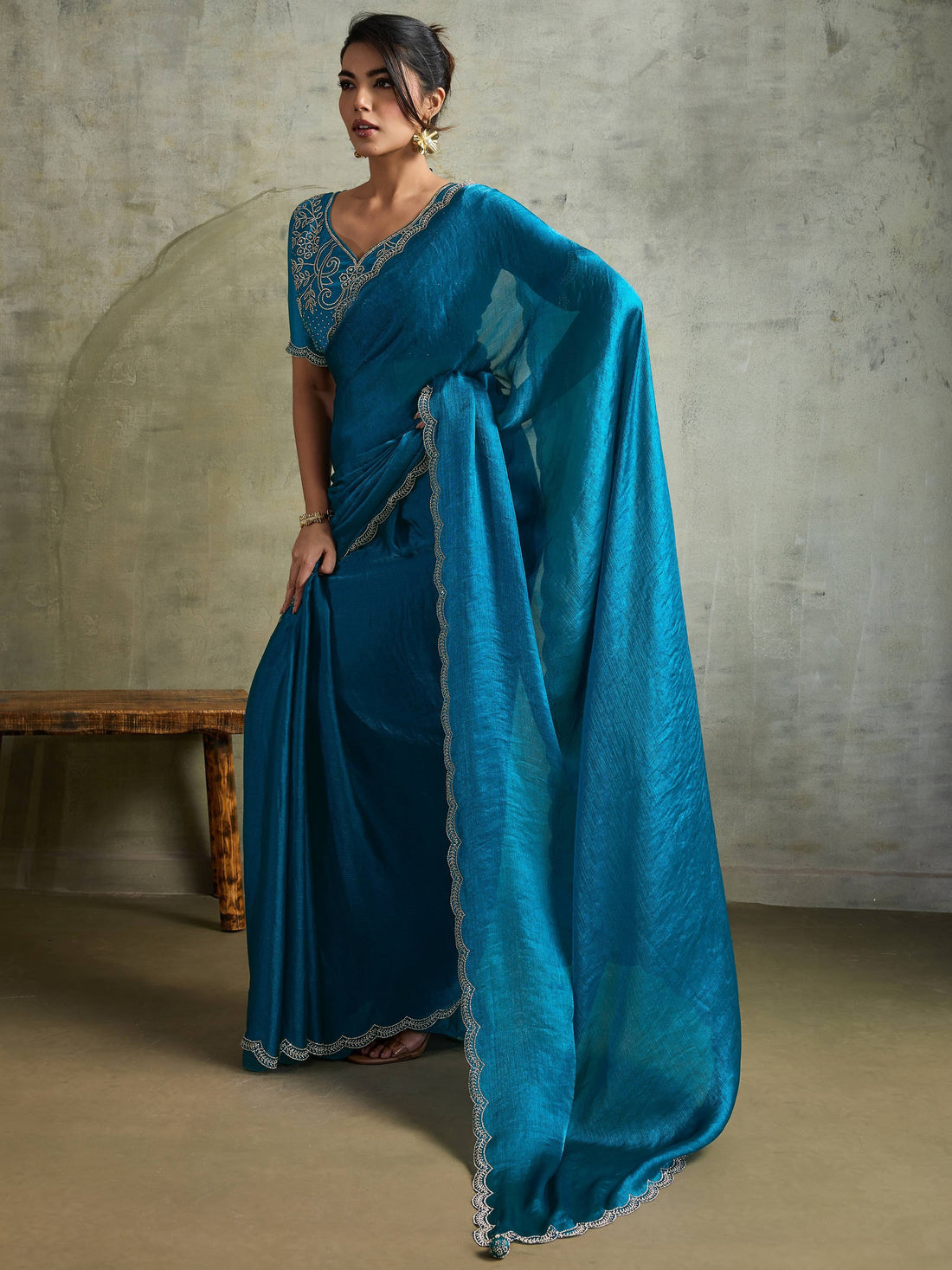 Awesome Blue Chiffon Party Wear Saree With Jarkan Work Blouse