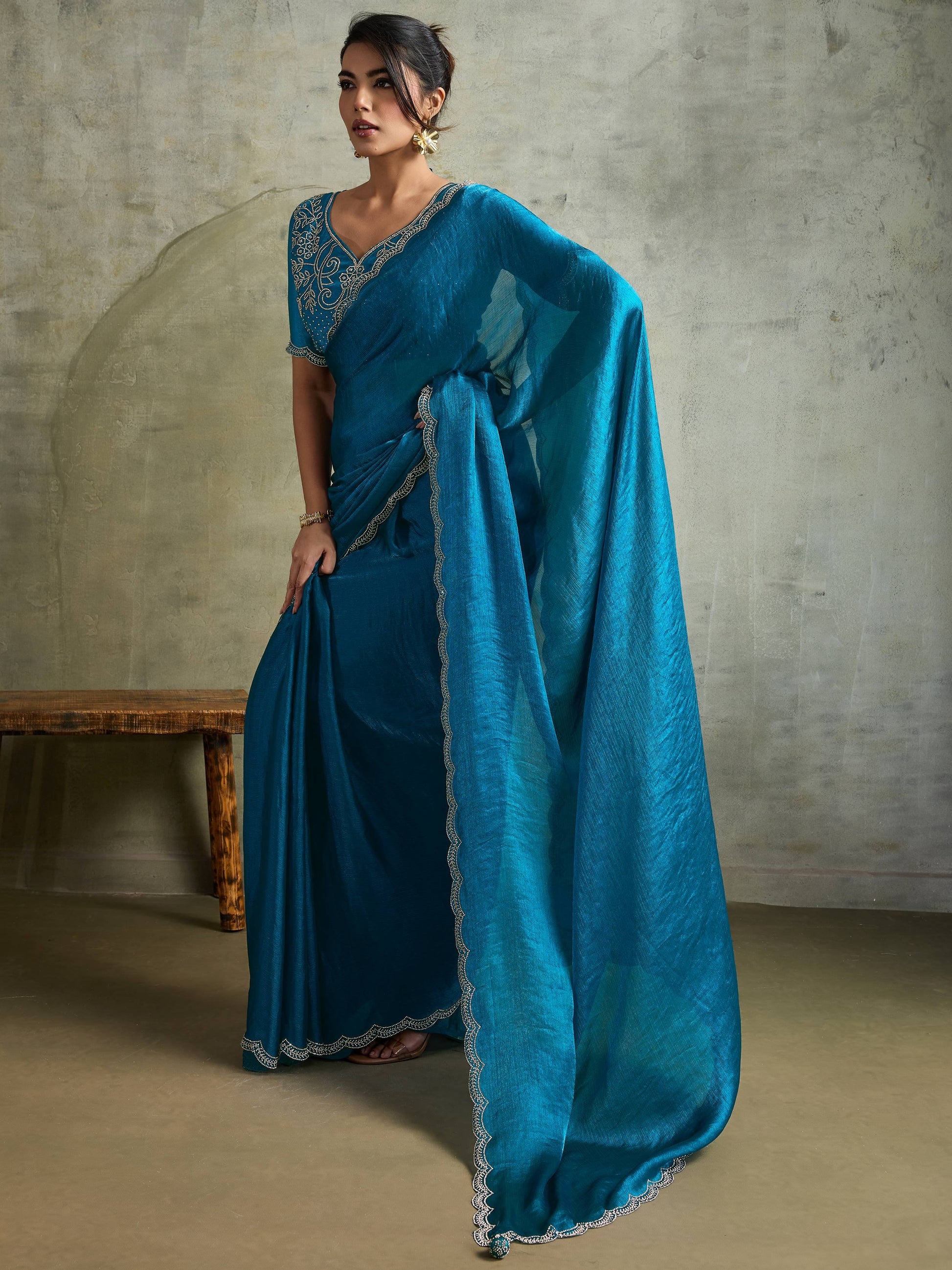 Awesome Blue Chiffon Party Wear Saree With Jarkan Work Blouse