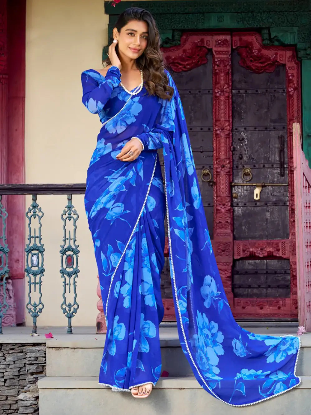Awesome Blue Floral Printed Chiffon Casual Wear Saree With Blouse - Zeel Clothing