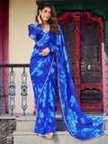 Awesome Blue Floral Printed Chiffon Casual Wear Saree With Blouse - Zeel Clothing