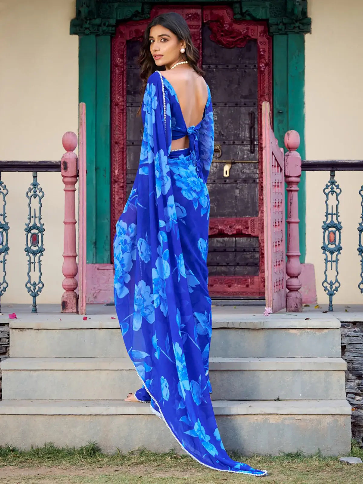 Awesome Blue Floral Printed Chiffon Casual Wear Saree With Blouse - Zeel Clothing