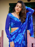 Awesome Blue Floral Printed Chiffon Casual Wear Saree With Blouse - Zeel Clothing