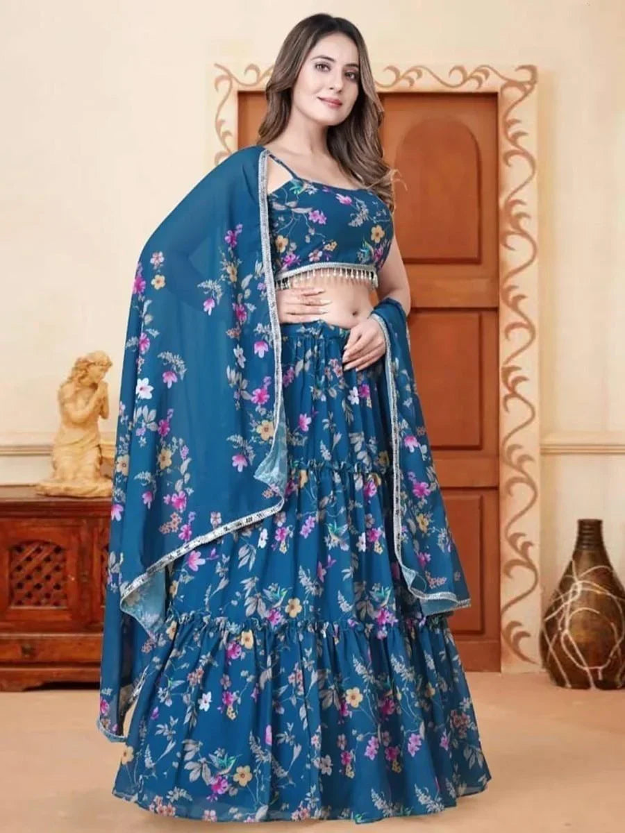 Awesome Blue Floral Printed Chinon Designer Lehenga Choli