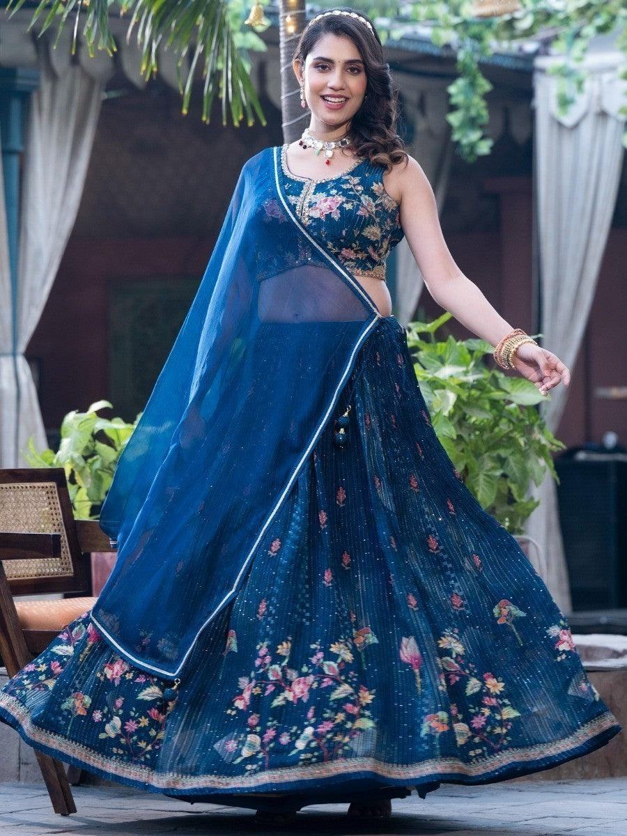 Awesome Blue Floral Printed Chinon Lehenga Choli With Dupatta