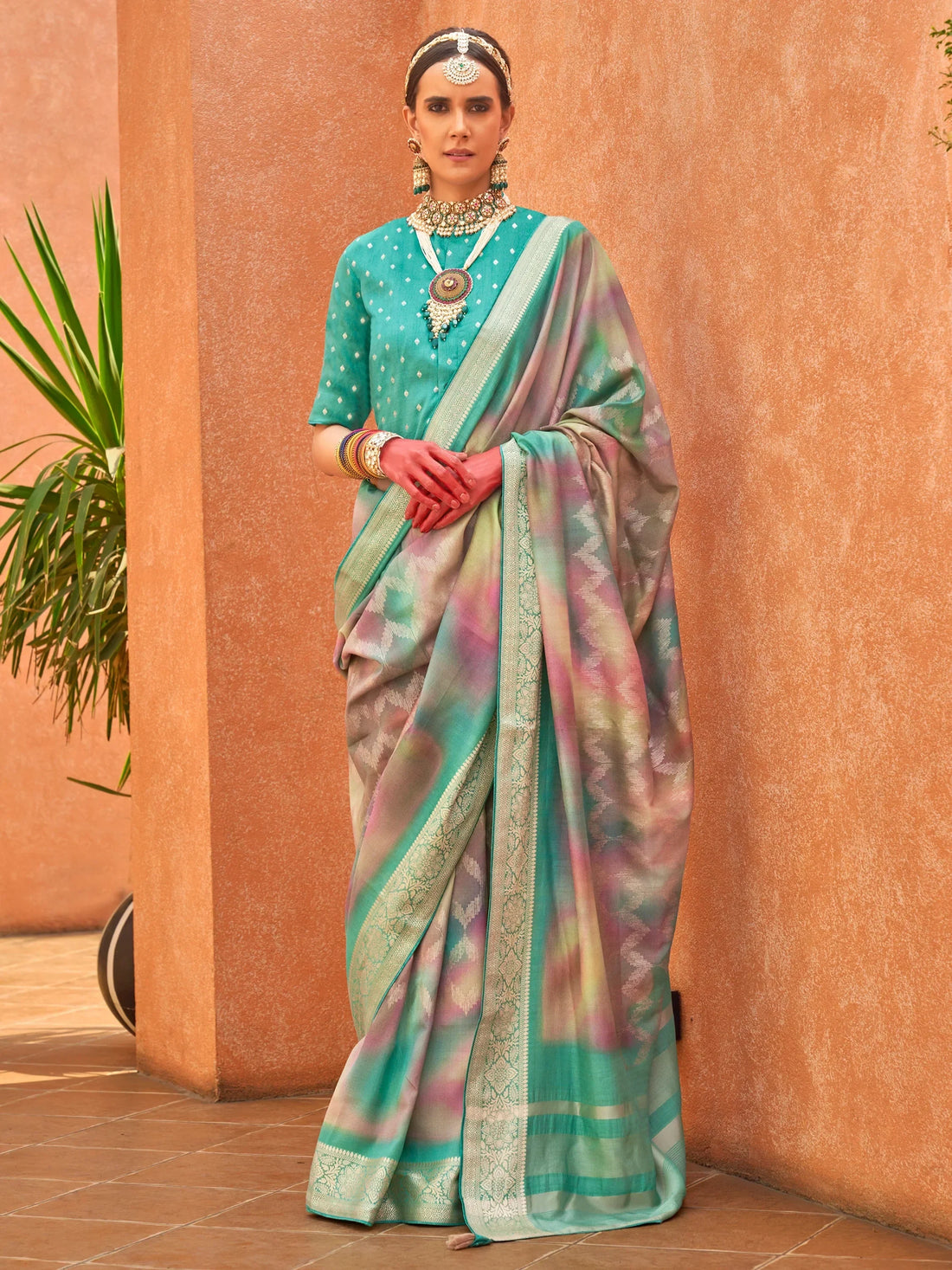 Awesome Blue Foil Printed Silk Festival Wear Saree With Blouse - Zeel Clothing