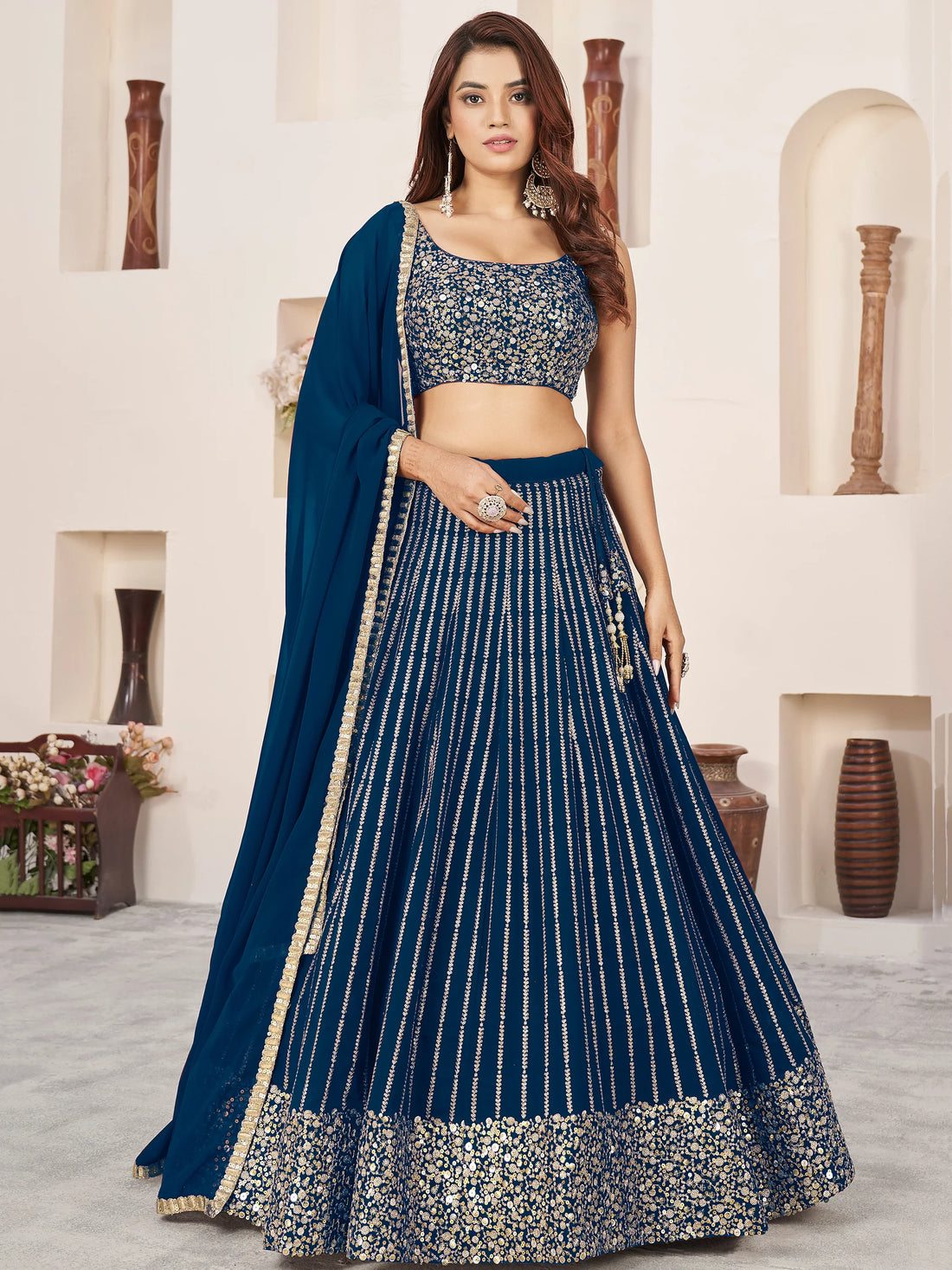 Awesome Blue Sequins Georgette Reception Wear Lehenga Choli - Zeel Clothing