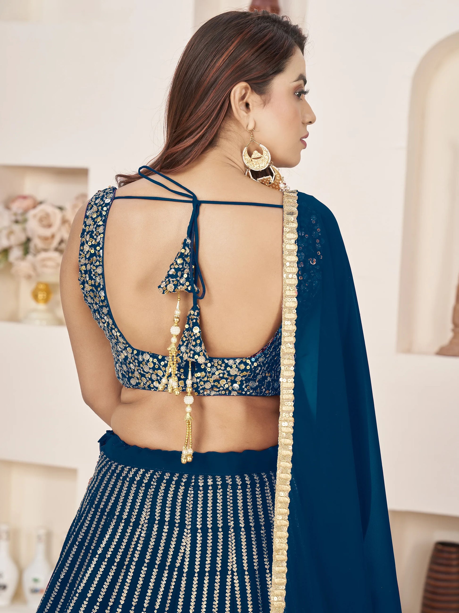 Awesome Blue Sequins Georgette Reception Wear Lehenga Choli - Zeel Clothing