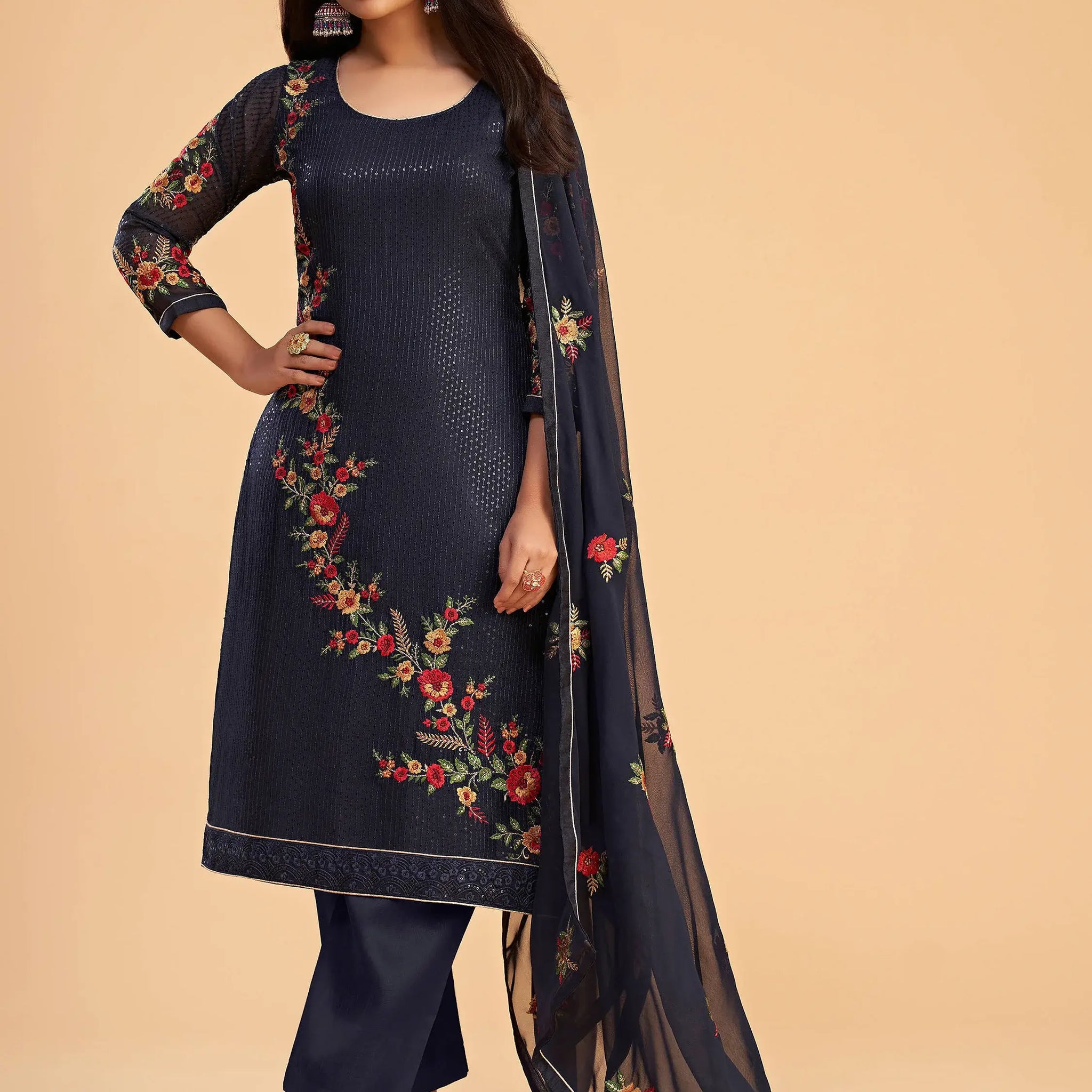 Awesome Blue Zari Embroidered Georgette Salwar Suit - Zeel Clothing
