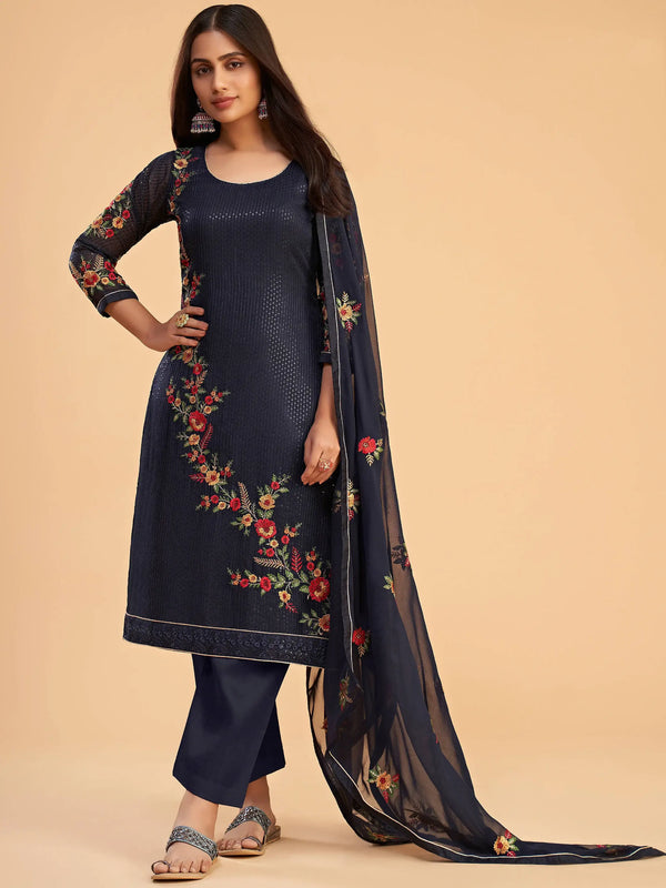 Awesome Blue Zari Embroidered Georgette Salwar Suit - Zeel Clothing