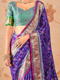 Awesome Blue Zari Weaving Patola Silk Event Wear Saree With Blouse