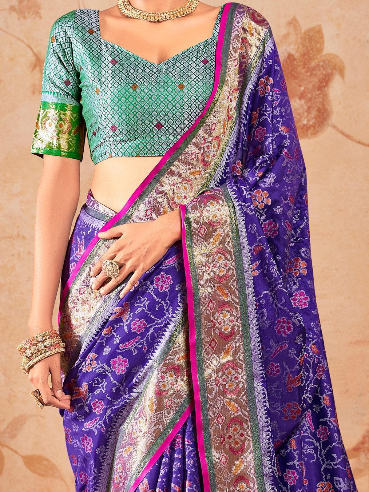 Awesome Blue Zari Weaving Patola Silk Event Wear Saree With Blouse