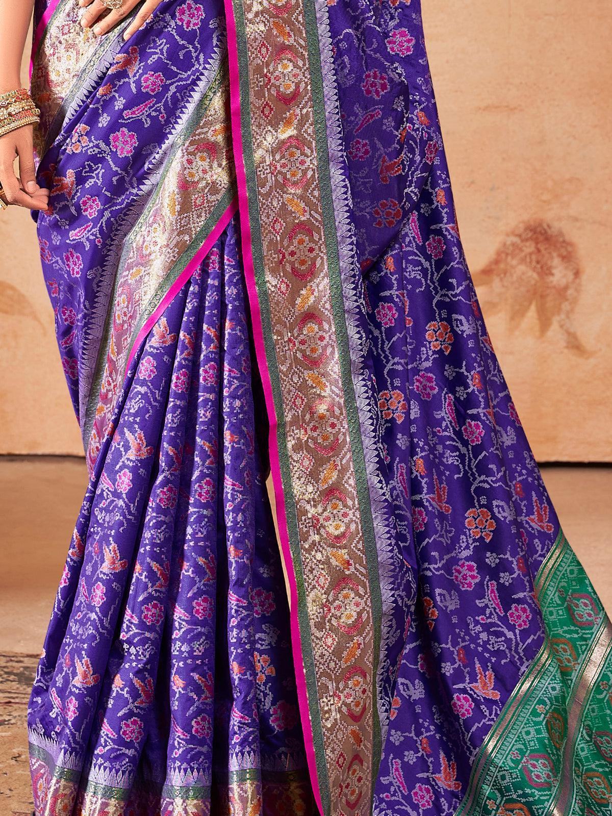 Awesome Blue Zari Weaving Patola Silk Event Wear Saree With Blouse