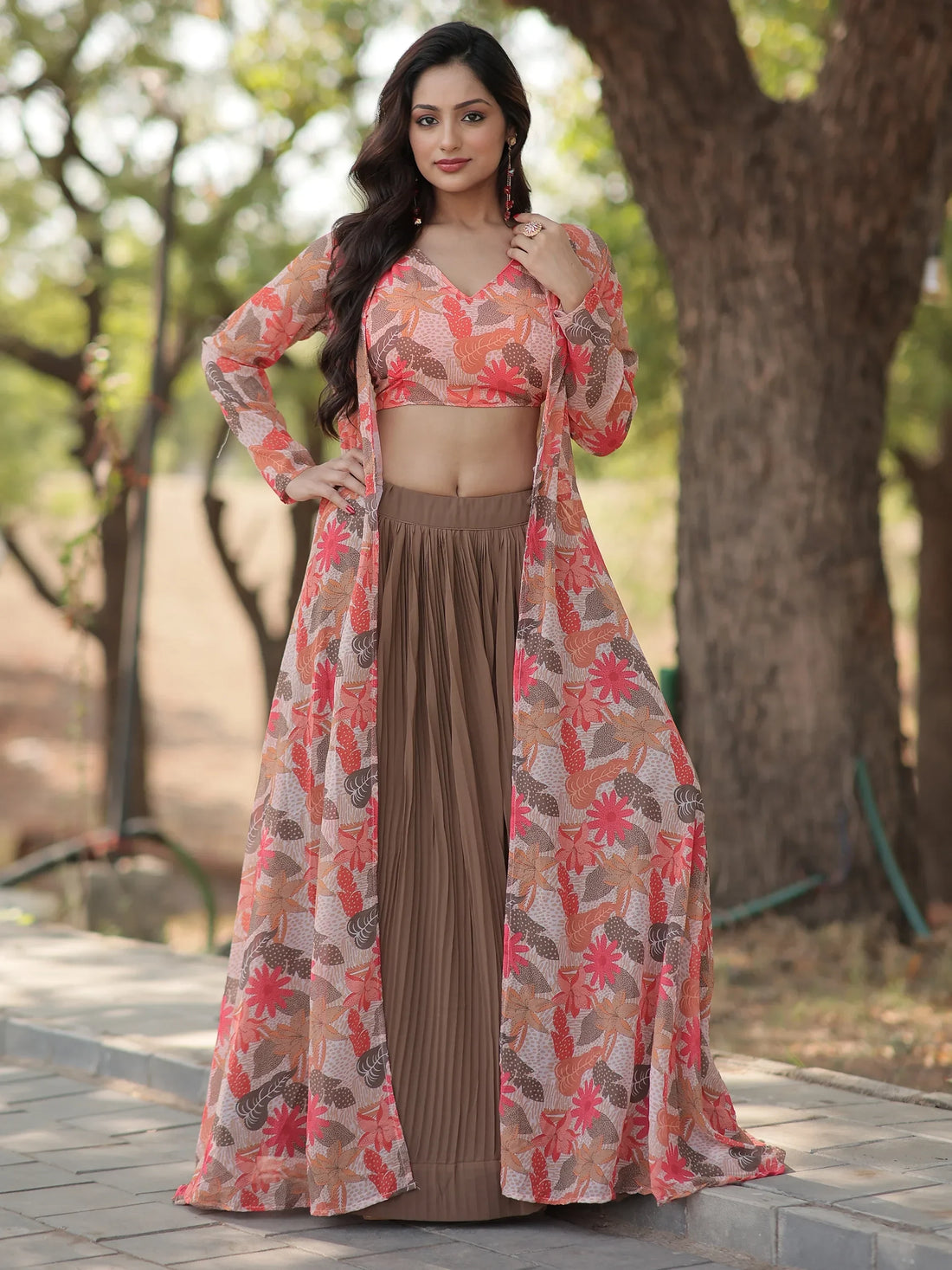 Awesome Brown Georgette Party Wear Crop Top Lehenga With Jacket - Zeel Clothing