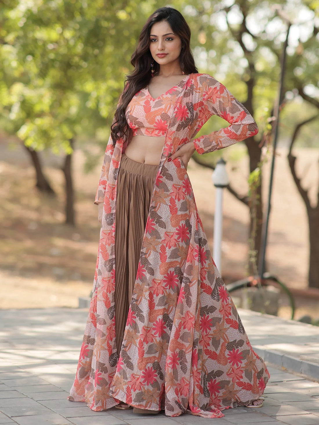 Awesome Brown Georgette Party Wear Crop Top Lehenga With Jacket - Zeel Clothing