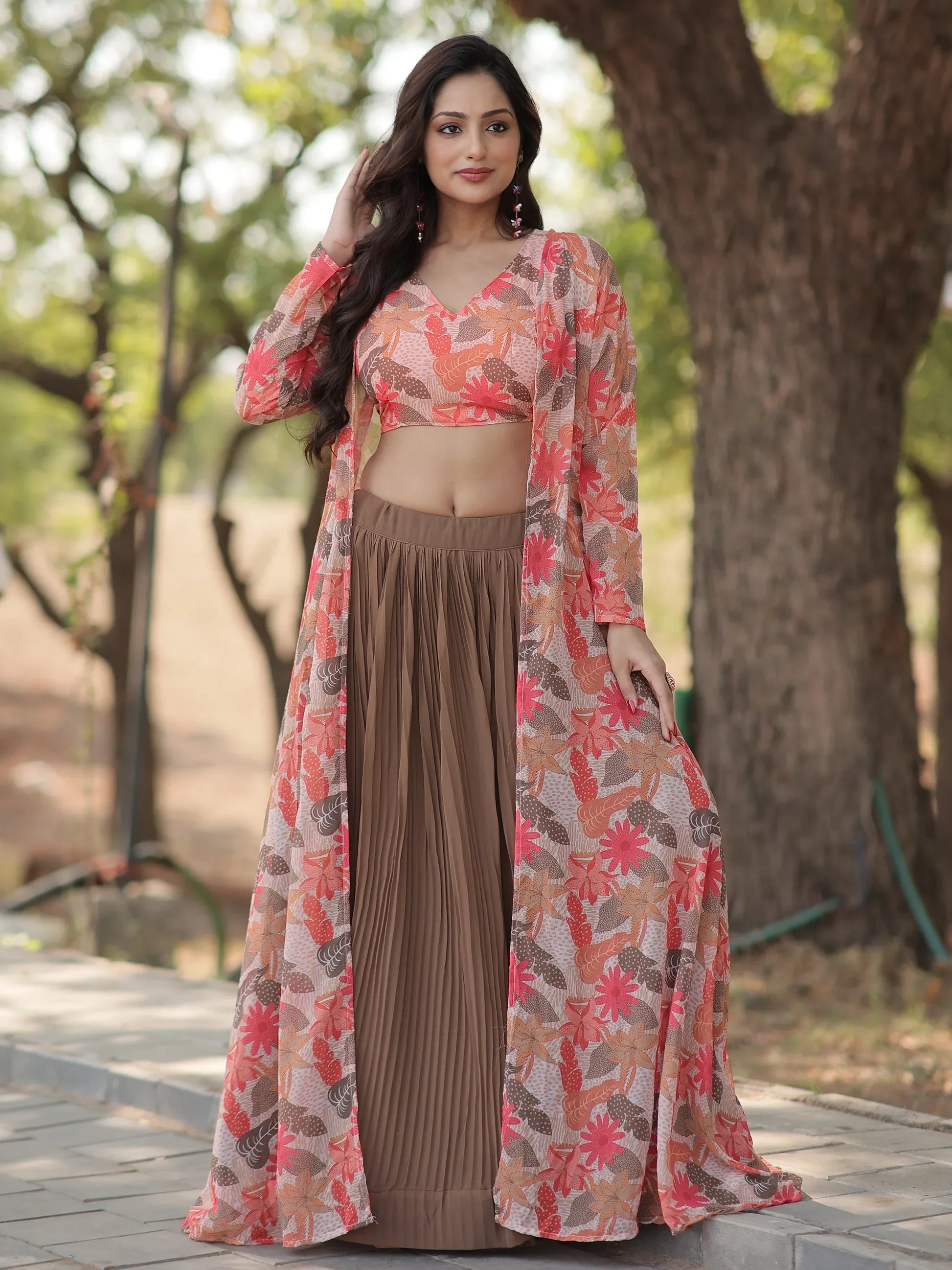 Awesome Brown Georgette Party Wear Crop Top Lehenga With Jacket - Zeel Clothing