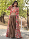 Awesome Brown Georgette Party Wear Crop Top Lehenga With Jacket - Zeel Clothing