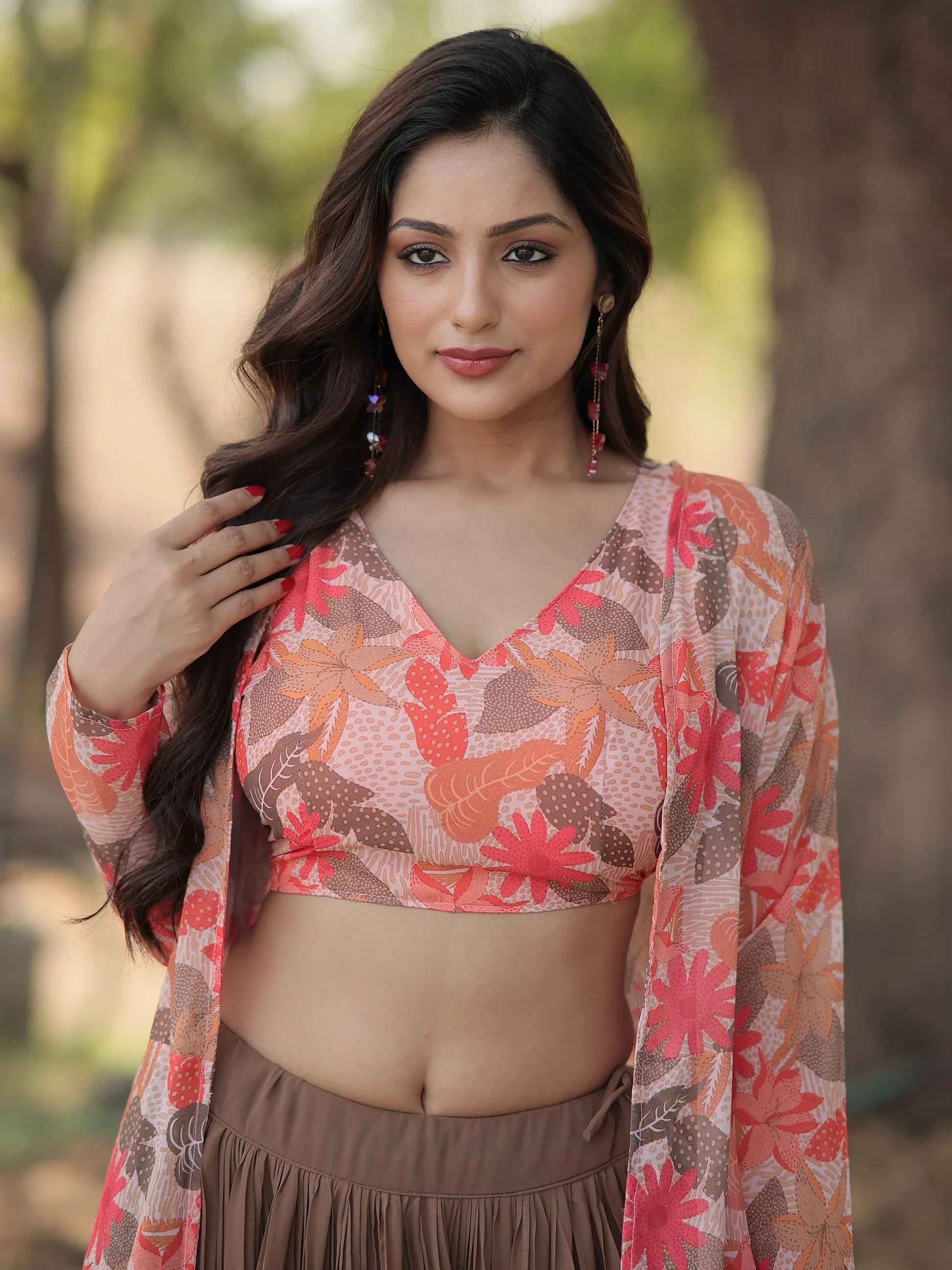 Awesome Brown Georgette Party Wear Crop Top Lehenga With Jacket - Zeel Clothing