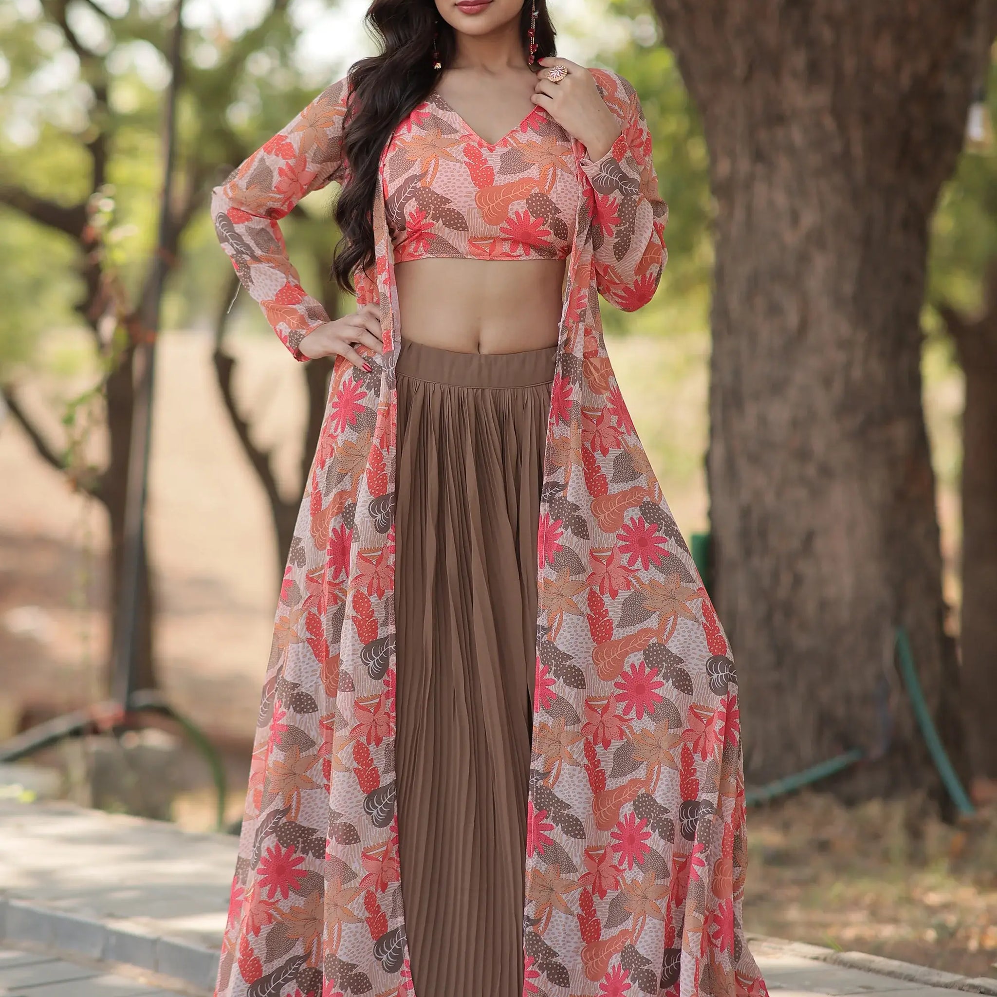 Awesome Brown Georgette Party Wear Crop Top Lehenga With Jacket - Zeel Clothing