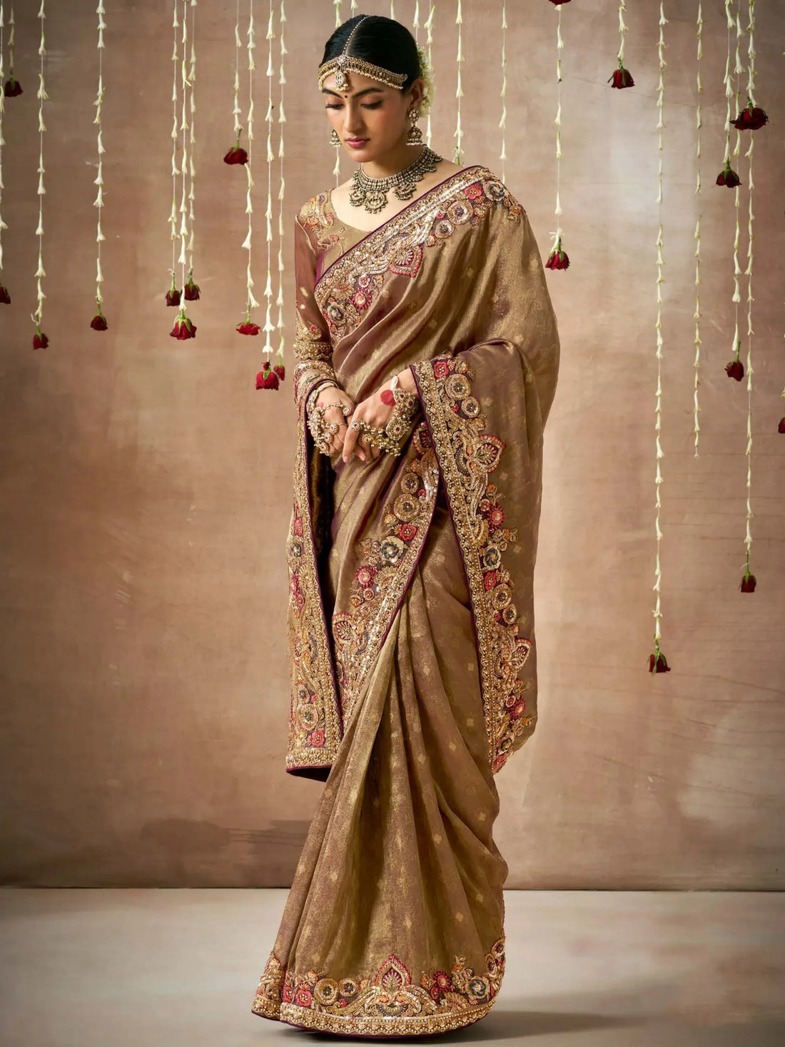 Awesome Brown Heavy Border Work Silk Wedding Saree With Blouse - Zeel Clothing