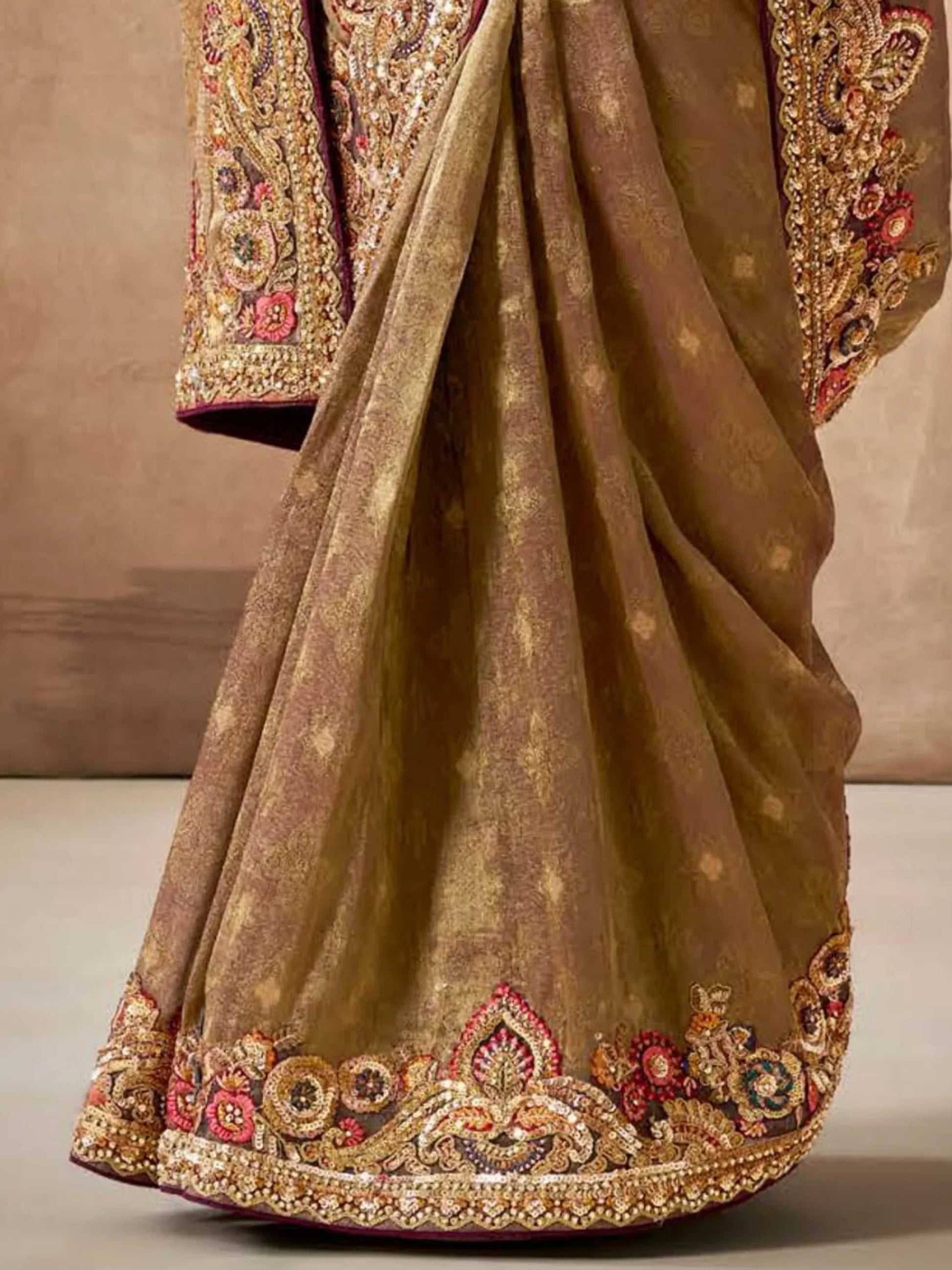 Awesome Brown Heavy Border Work Silk Wedding Saree With Blouse - Zeel Clothing
