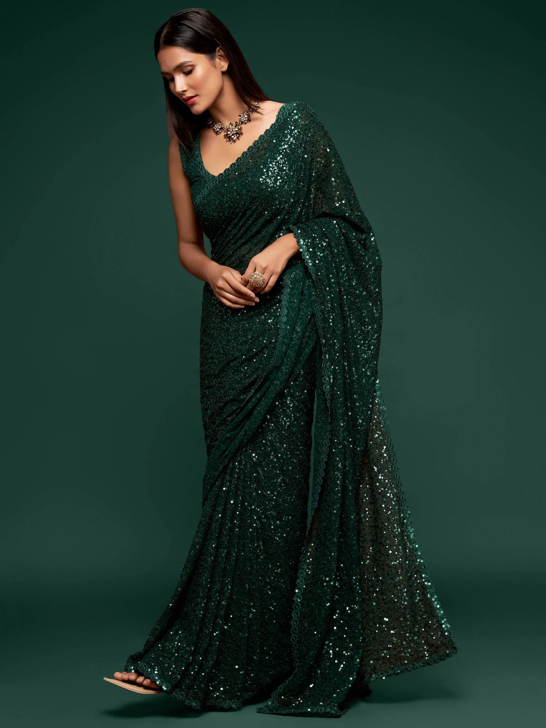 Awesome Deep Green Sequined Georgette Party Wear Saree - Zeel Clothing
