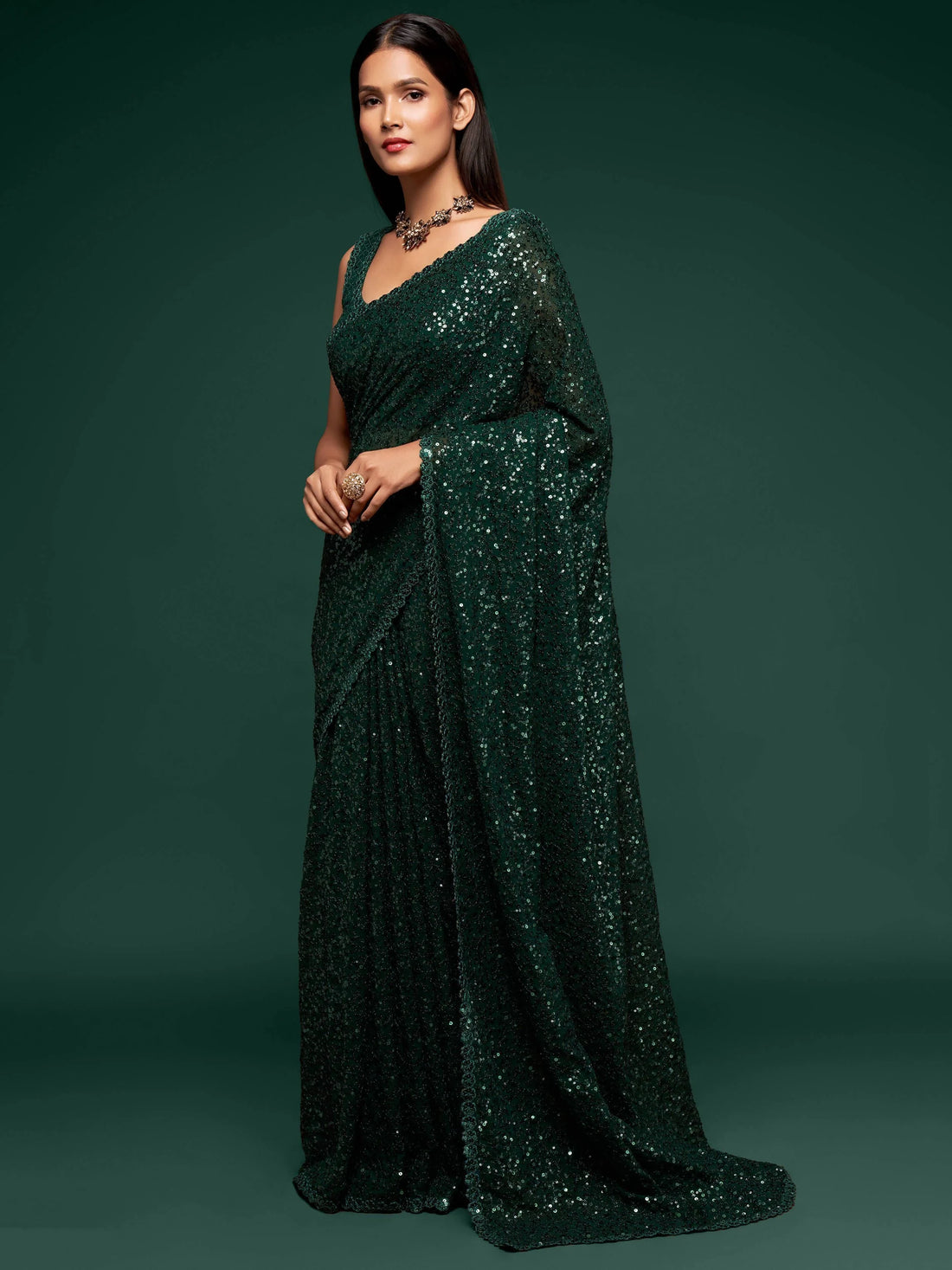 Awesome Deep Green Sequined Georgette Party Wear Saree - Zeel Clothing