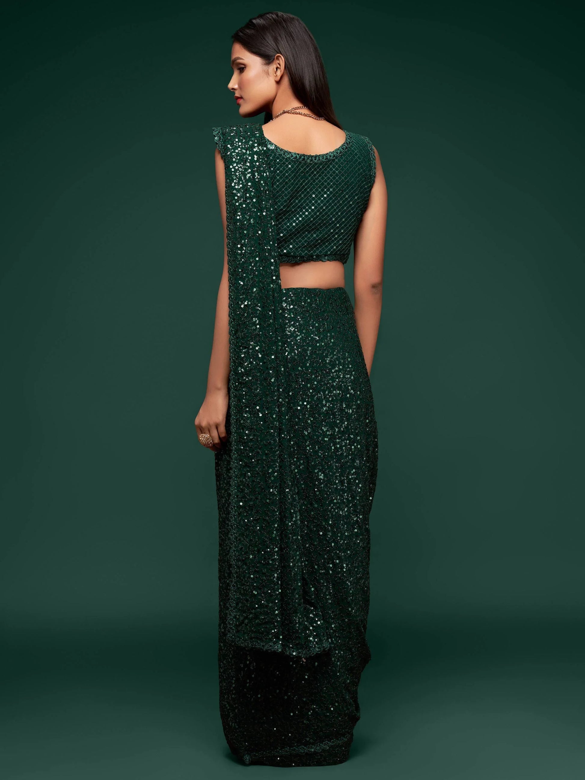 Awesome Deep Green Sequined Georgette Party Wear Saree - Zeel Clothing