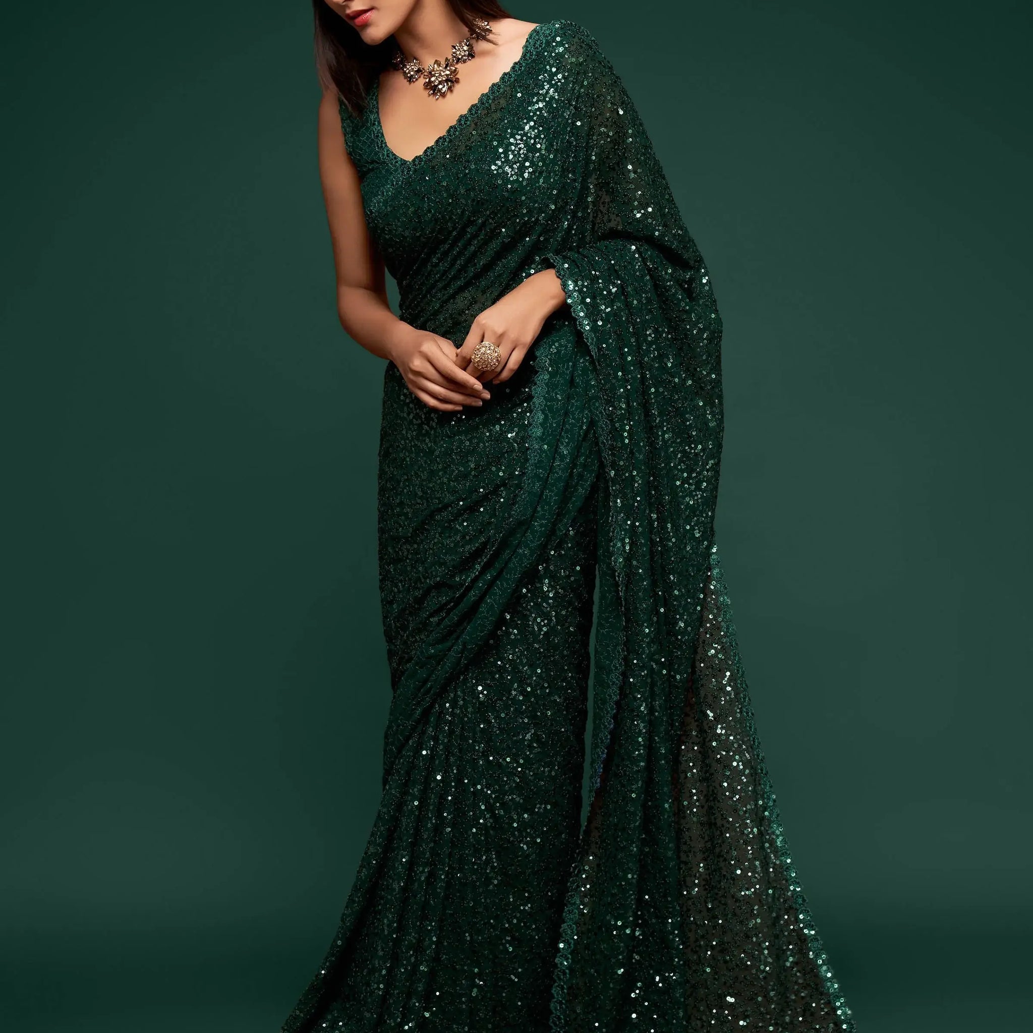 Awesome Deep Green Sequined Georgette Party Wear Saree - Zeel Clothing