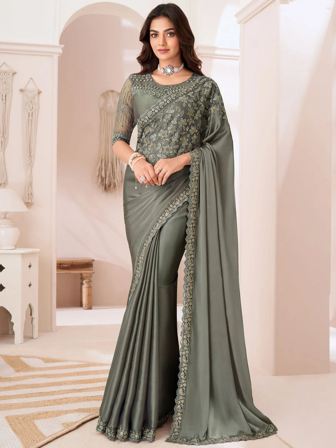 Awesome Dusty Grey Heavy Border Work Georgette Party Wear Saree - Zeel Clothing
