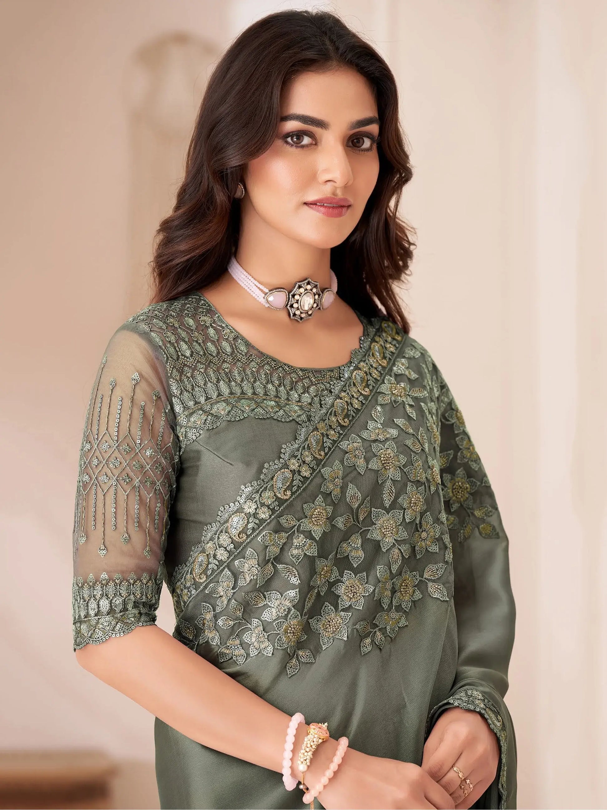 Awesome Dusty Grey Heavy Border Work Georgette Party Wear Saree - Zeel Clothing