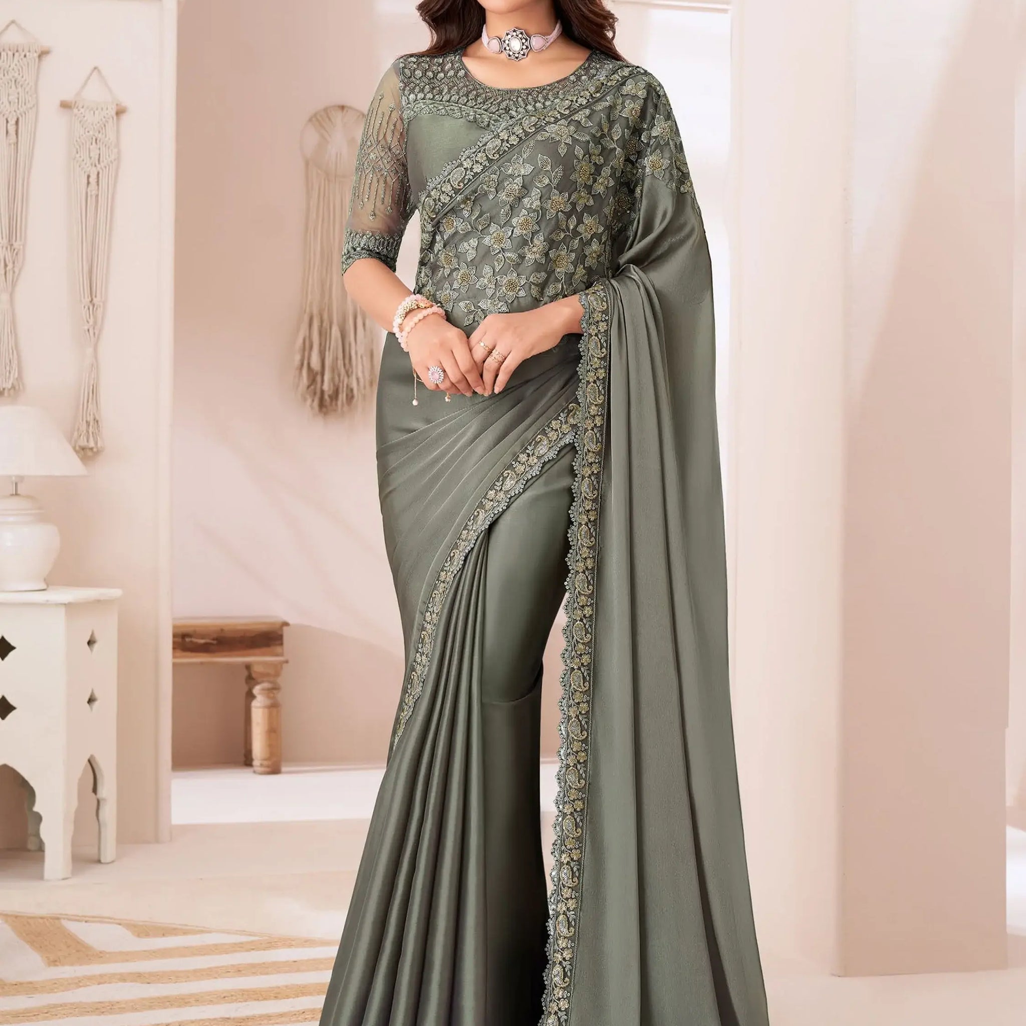 Awesome Dusty Grey Heavy Border Work Georgette Party Wear Saree - Zeel Clothing