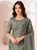 Awesome Dusty Grey Heavy Border Work Georgette Party Wear Saree - Zeel Clothing