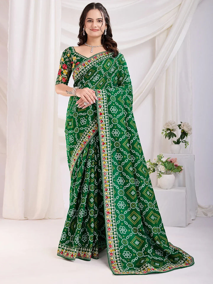 Awesome Green Bandhani Printed Silk Wedding Saree - Zeel Clothing