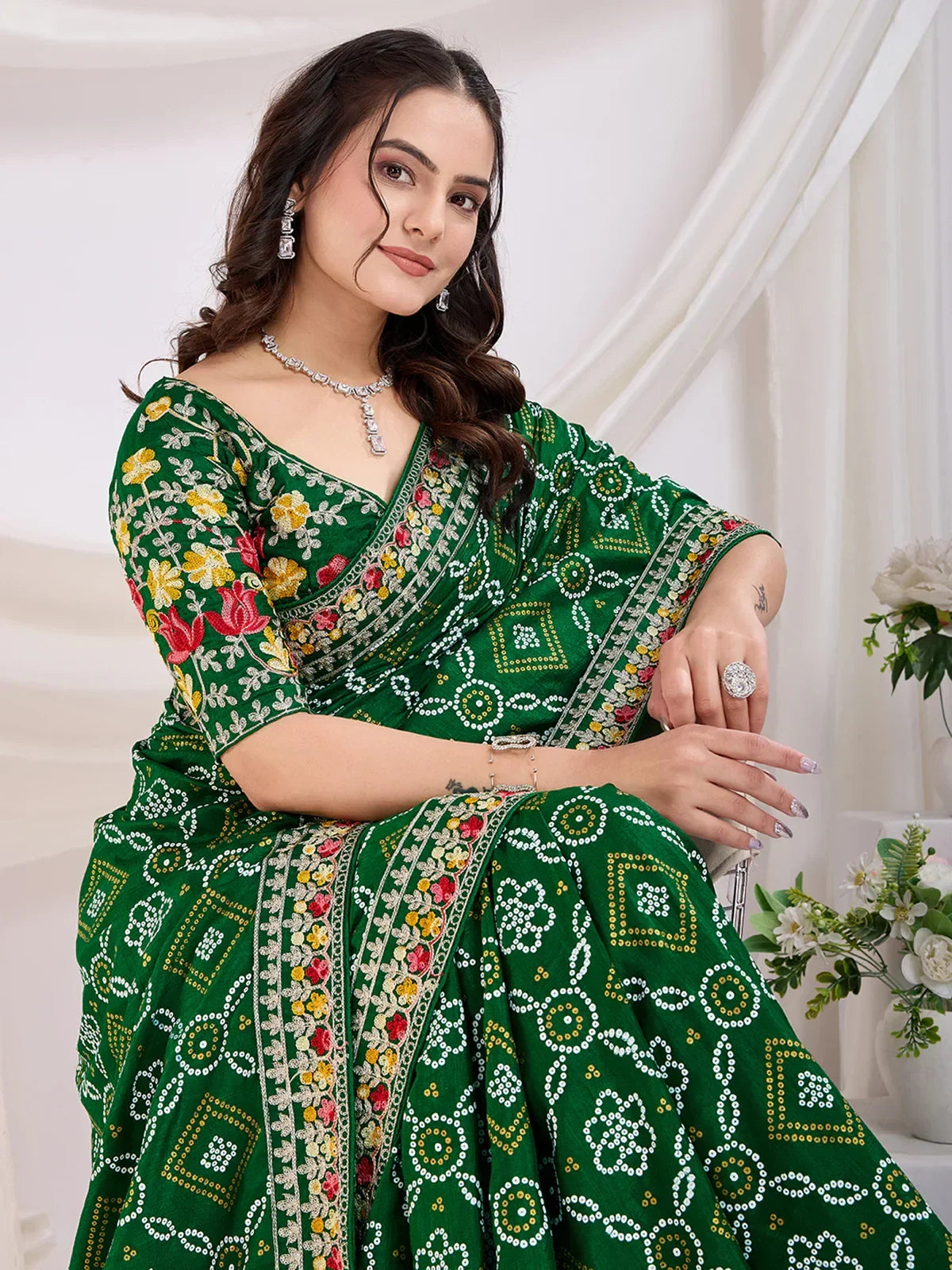 Awesome Green Bandhani Printed Silk Wedding Saree - Zeel Clothing