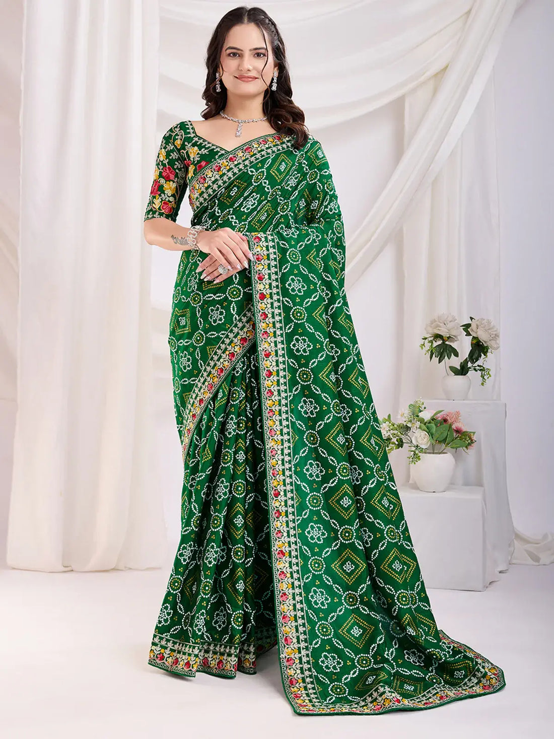 Awesome Green Bandhani Printed Silk Wedding Saree - Zeel Clothing