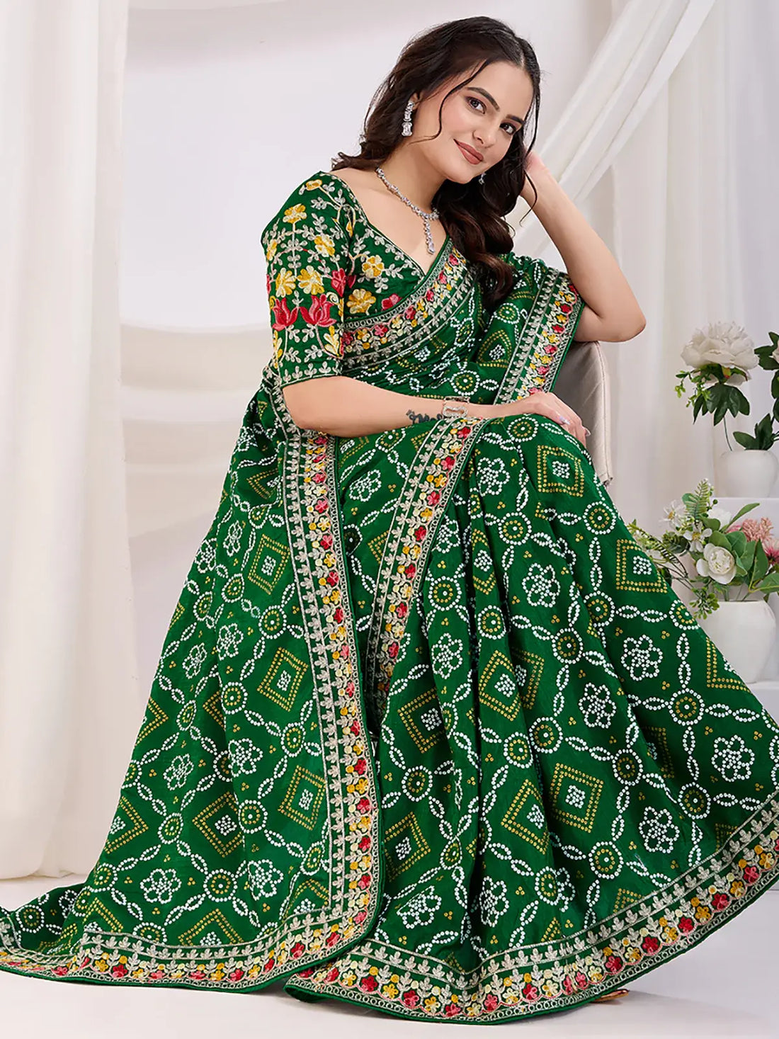 Awesome Green Bandhani Printed Silk Wedding Saree - Zeel Clothing