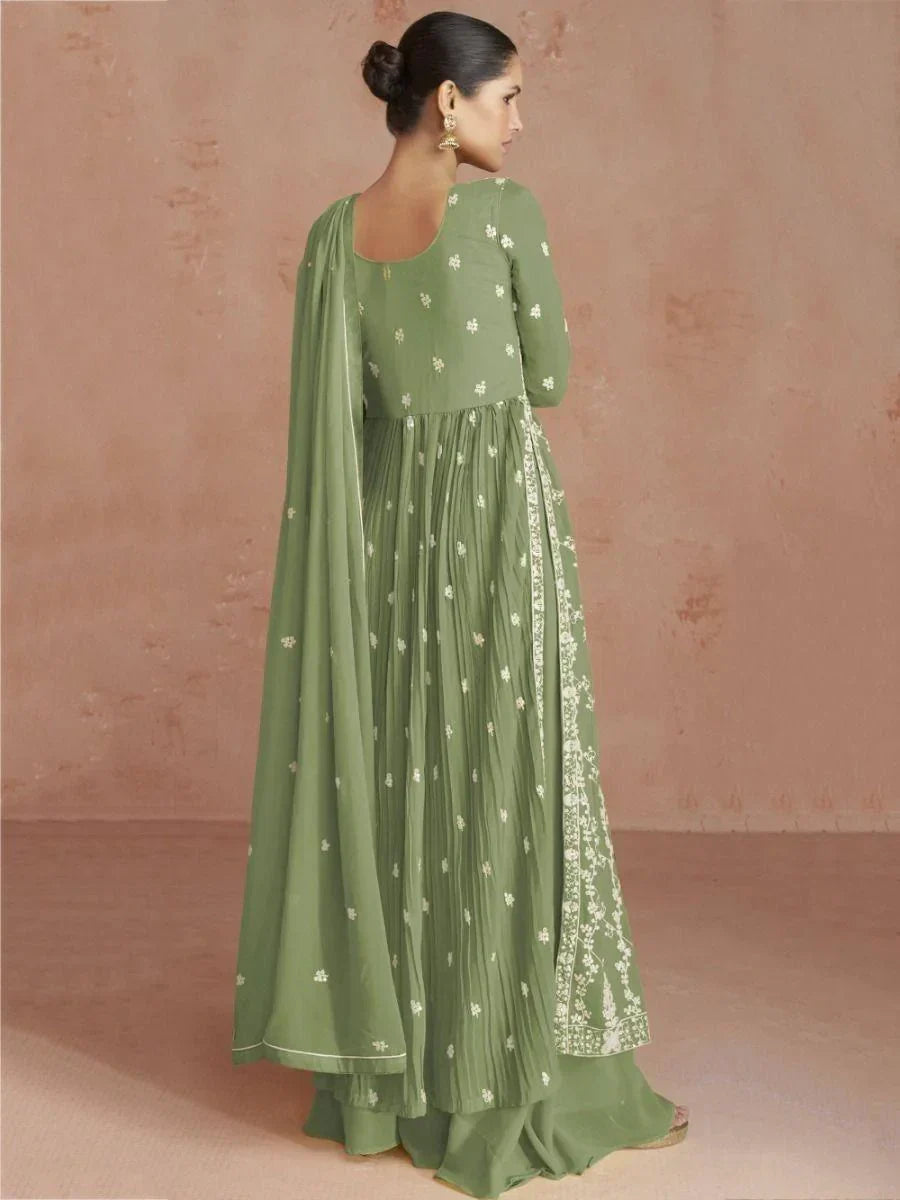 Awesome Green Embroidered Georgette Event Wear Palazzo Suit