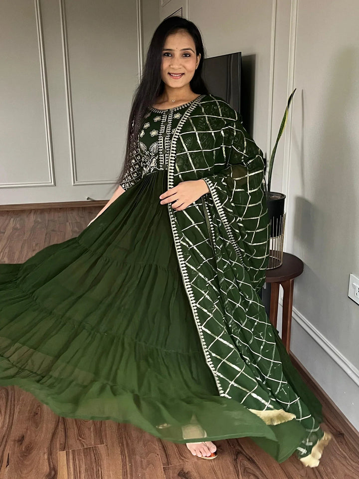 Awesome Green Embroidered Georgette Gown With Dupatta - Zeel Clothing