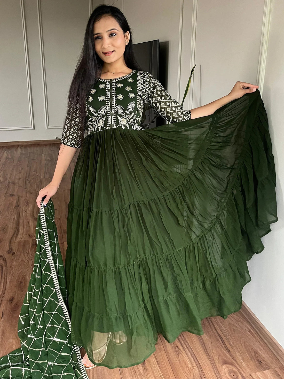 Awesome Green Embroidered Georgette Gown With Dupatta - Zeel Clothing