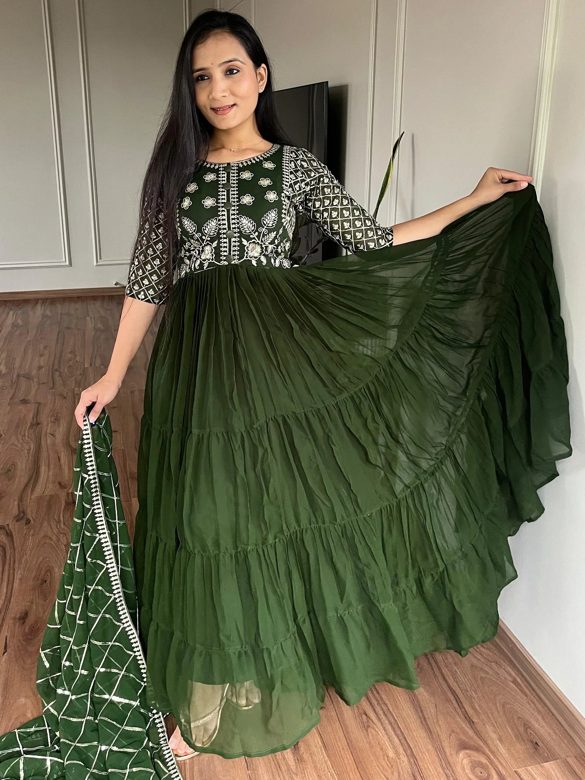 Awesome Green Embroidered Georgette Gown With Dupatta - Zeel Clothing