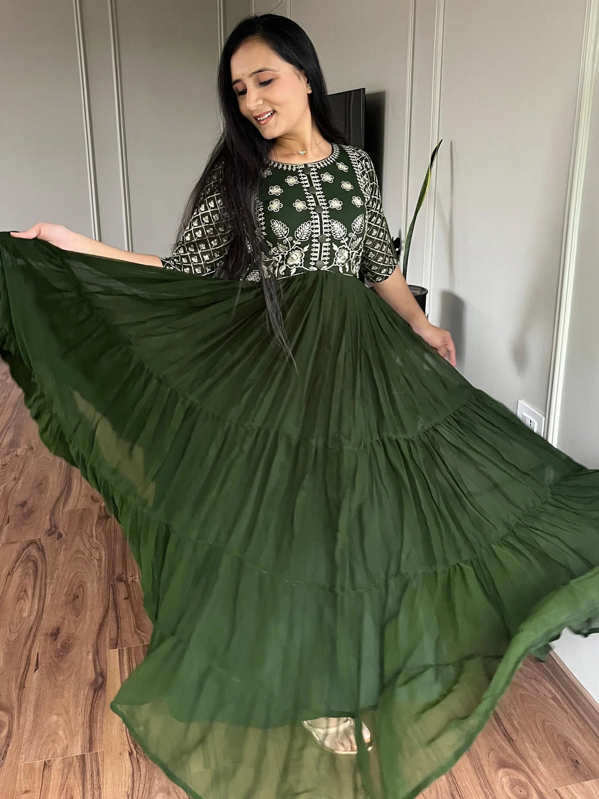 Awesome Green Embroidered Georgette Gown With Dupatta - Zeel Clothing