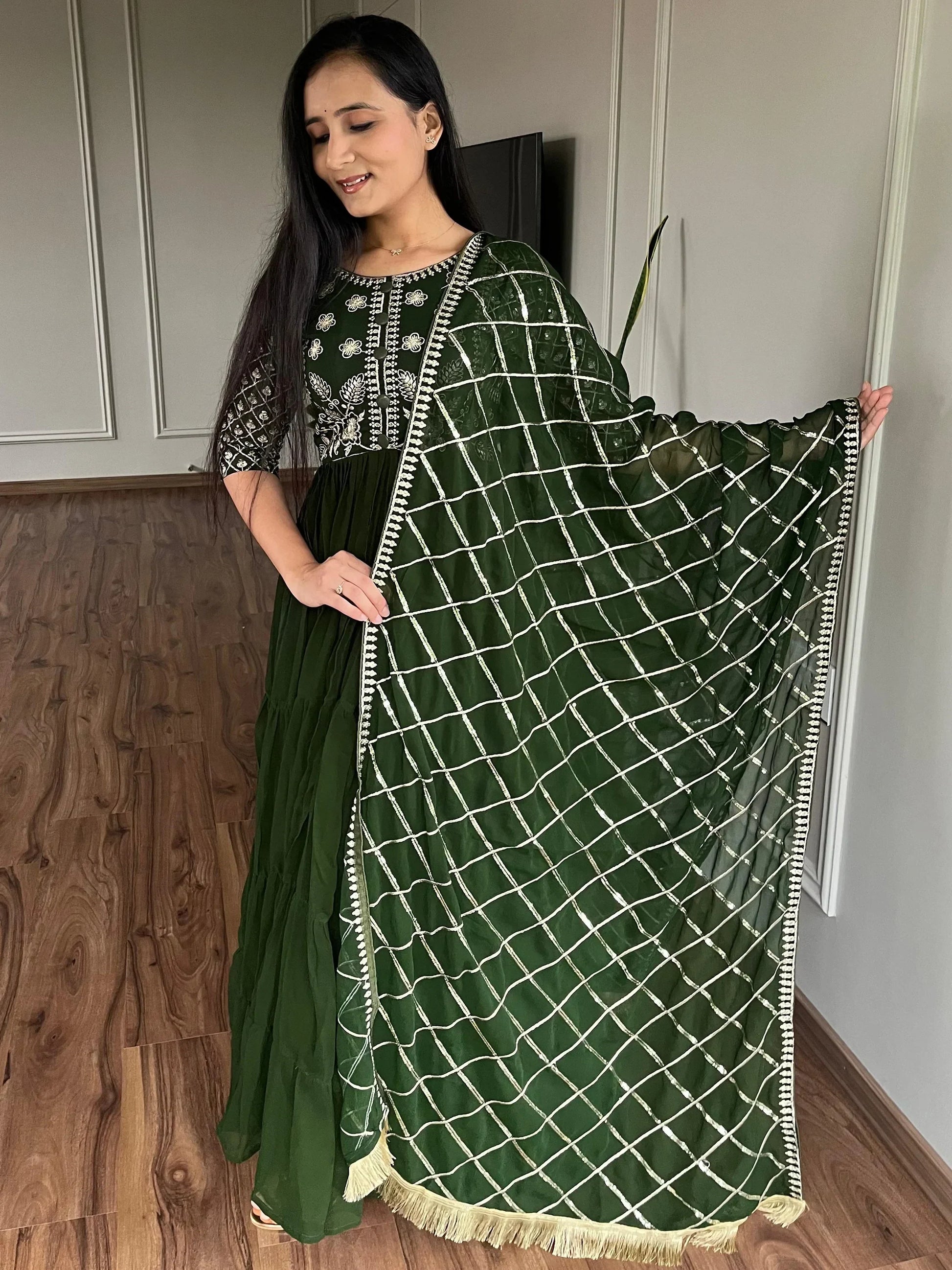 Awesome Green Embroidered Georgette Gown With Dupatta - Zeel Clothing