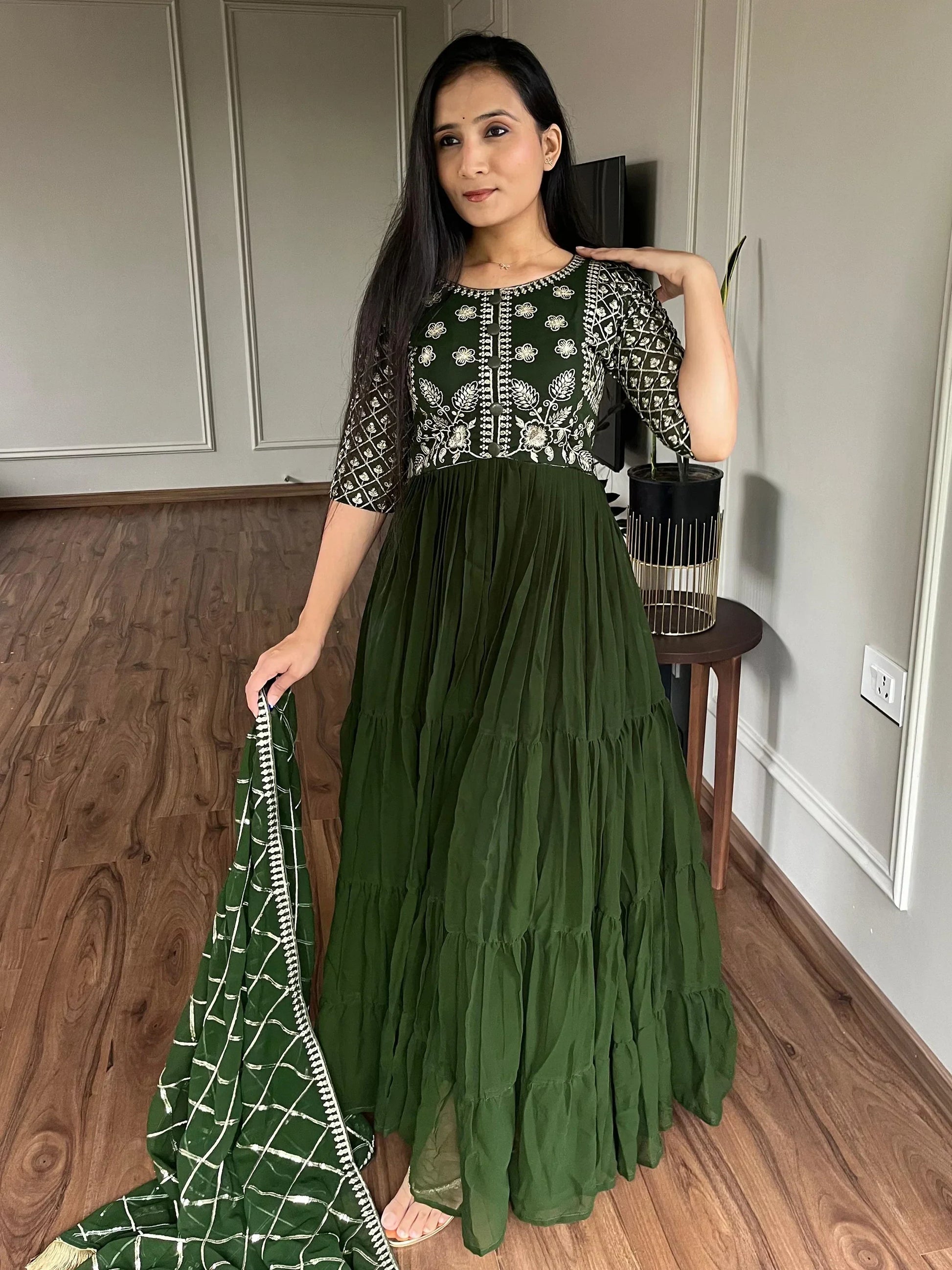 Awesome Green Embroidered Georgette Gown With Dupatta - Zeel Clothing