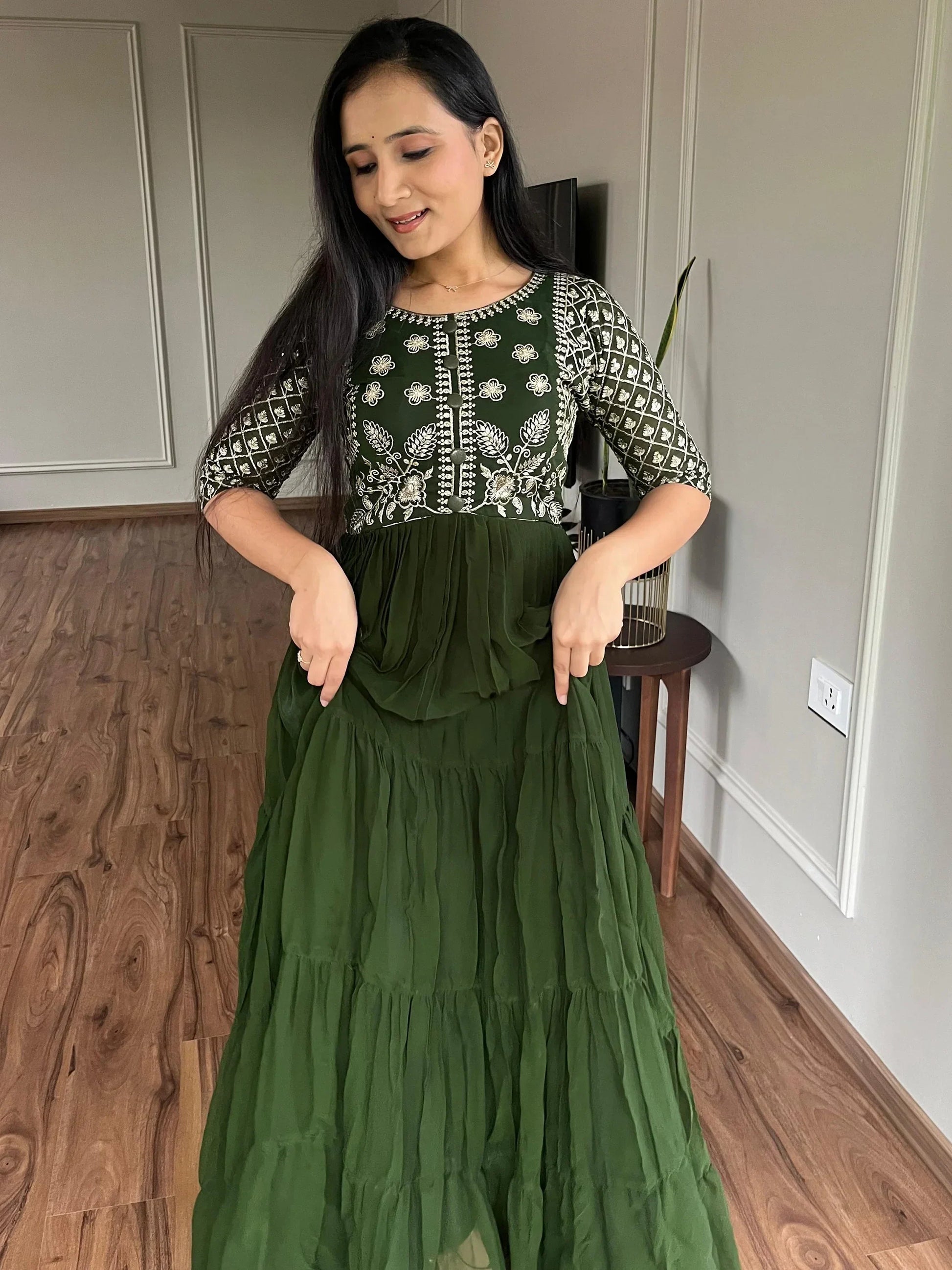 Awesome Green Embroidered Georgette Gown With Dupatta - Zeel Clothing